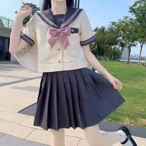 日系软妹夏季新款jk百褶裙制服学院风套装短袖灰粉服