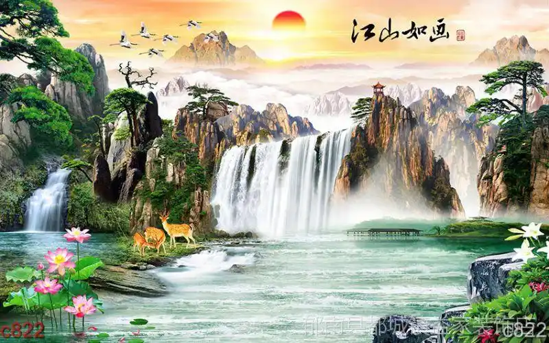 电视背景墙壁纸3d立体山水风景画5d壁画现代中式客厅沙发背景墙纸