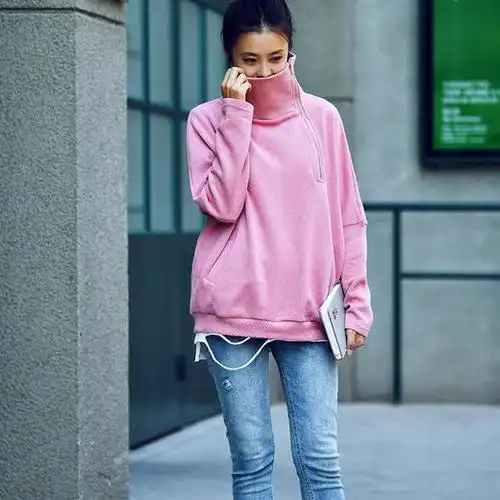 米兰宣言 r2995 韩版高领侧拉链落肩长袖显瘦宽松洋气粉色卫衣女米兰