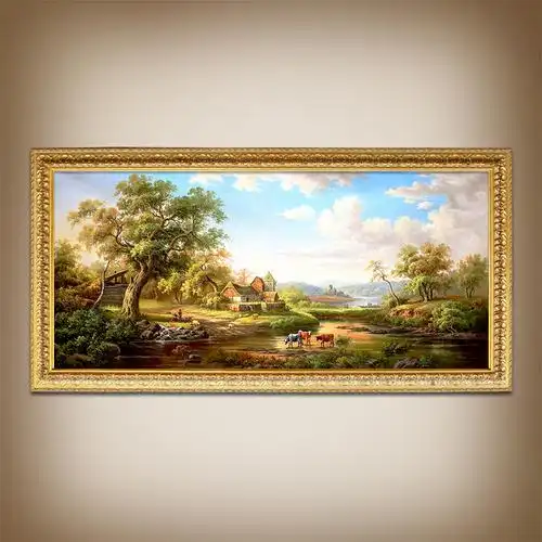 美式客厅山水瀑布聚宝盆风景手绘油画欧式装饰画新中式办公室挂画