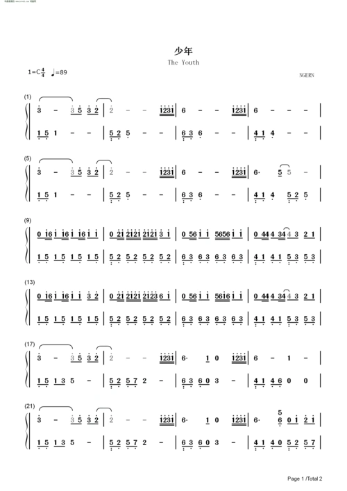 少年c调简单版 钢琴谱 简谱