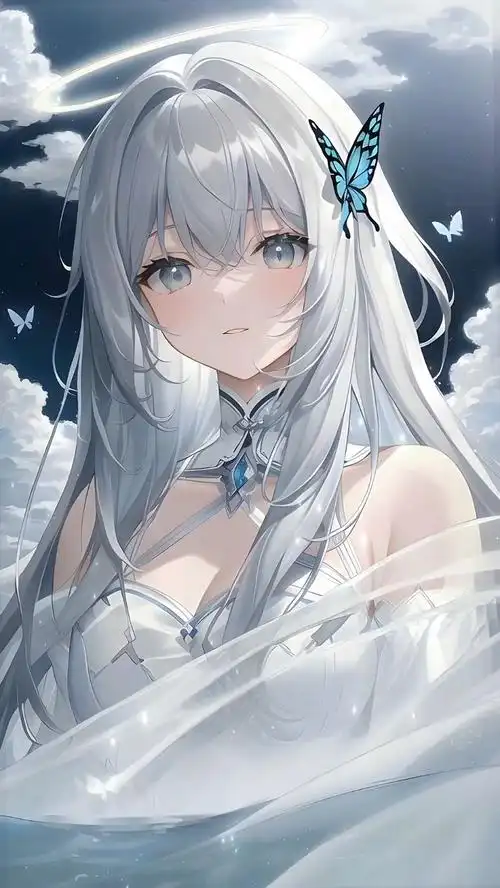 动漫壁纸:白发天使少女