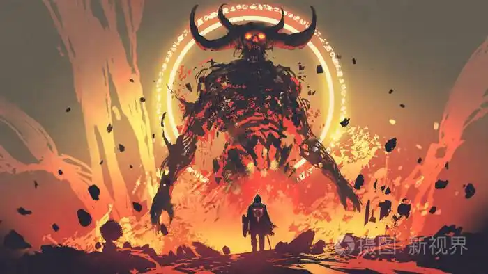骑士面对地狱中的熔岩恶魔, 数字艺术风格, 插图绘画