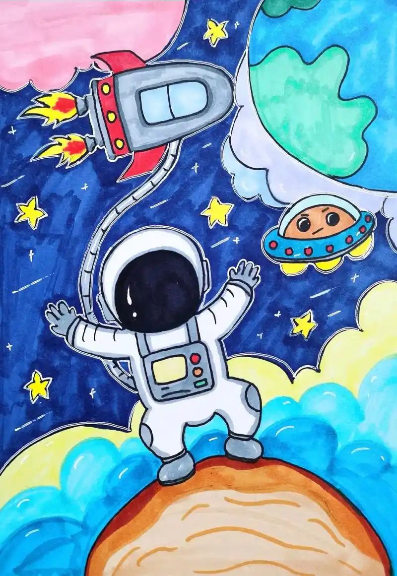 太空主题画,你想和宇航员遨游太空吗#图文伙伴计划 #创意美术 - 抖音