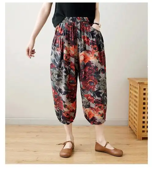 实拍2024夏季新款复古丝麻印花凉感七分灯笼裤休闲哈伦裤女棉麻 - 17