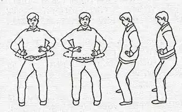 活动时,胯先向左,再向前,向右,向后,围绕腰的中轴,做水平转圈动作