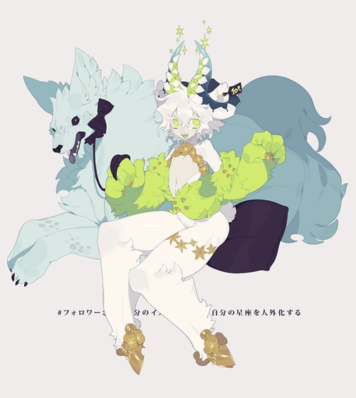 动漫女男身体贫乳半羊人亚种人魔物恶魔恶魔角羊角动物画狼毛白色毛画