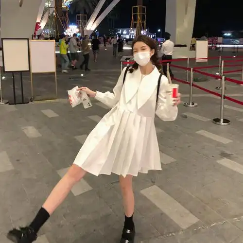 wannanke 设计感白色衬衫连衣裙女2022春款短款百褶裙长袖a字裙子