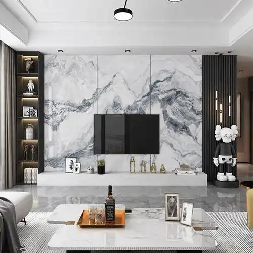 岩板悬空电视背景墙瓷砖简约现代石材实木格栅轻奢客厅影视墙装