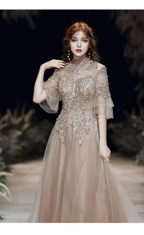 晚礼服2019新款主持年会礼服裙女宴会气质大气优雅冬季新娘 图片色 s