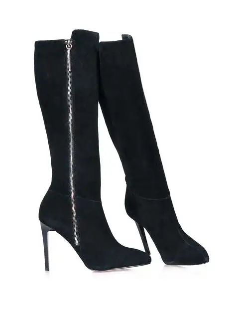 fcuk 黑色牛反毛绒面细高跟尖头长靴