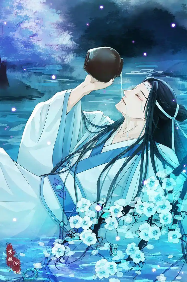 古风动漫绘画:风姿奇秀的古风美男,水中喝酒的忘机.