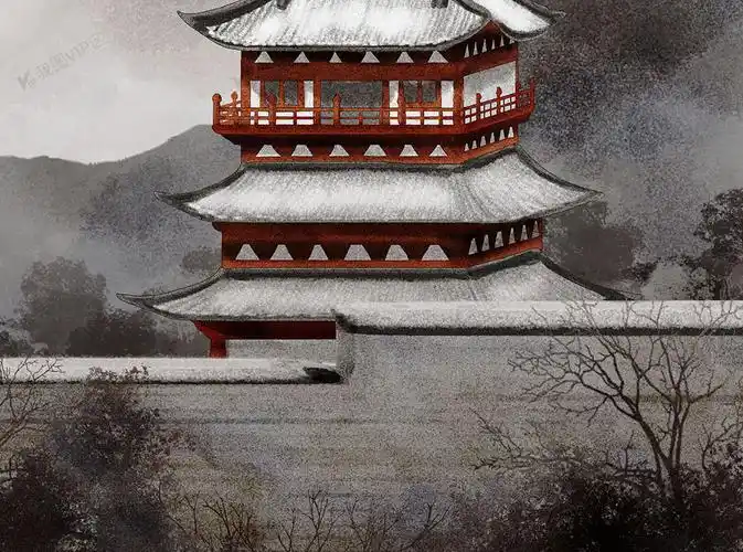 中国水彩古风古建筑城楼雪景插画