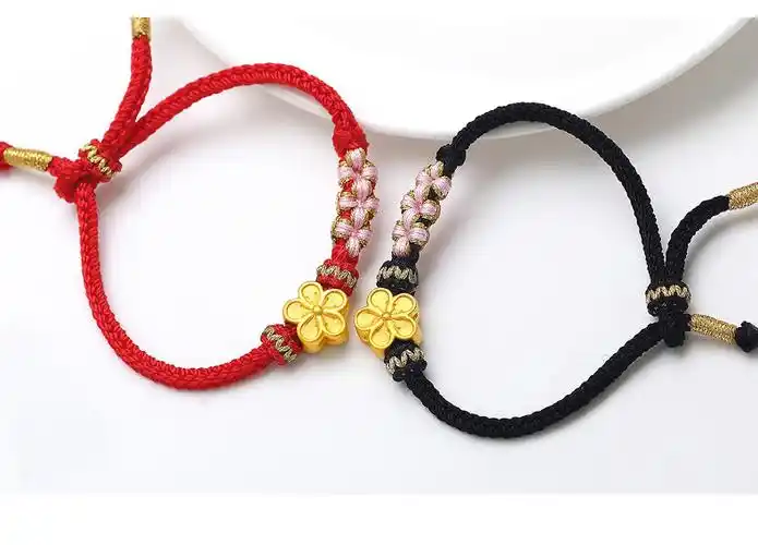 老凤凰 999足金桃花转运珠黄金足金小桃花手链编绳小红花手绳女送老婆
