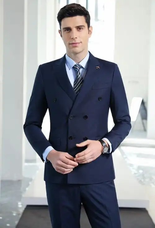 新款毛涤格子宝蓝色修身商务正装羊毛西服套装男新郎结婚礼服西装