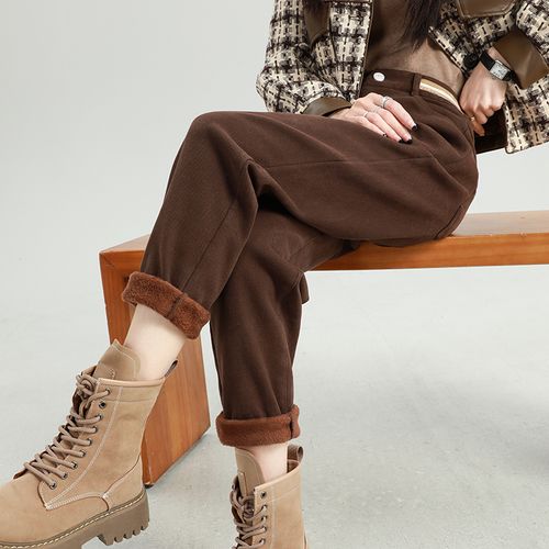 加绒牛仔裤女秋冬新款咖啡色裤子高腰直筒宽松显瘦加厚哈伦老爹裤