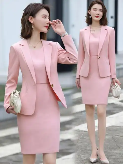 连衣裙套装女西装两件套春秋职业正装美容教师工作制服小西服套裙