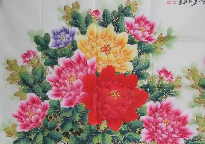 中国书画家协会会员----六尺金线勾边牡丹---终身保真