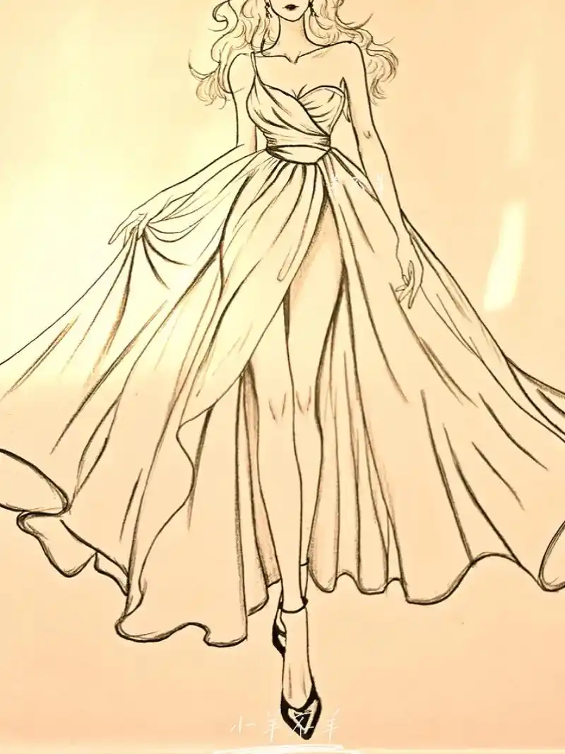 美女黑白简笔画#绘画教程34(附过程)美女礼服黑白简笔画教程