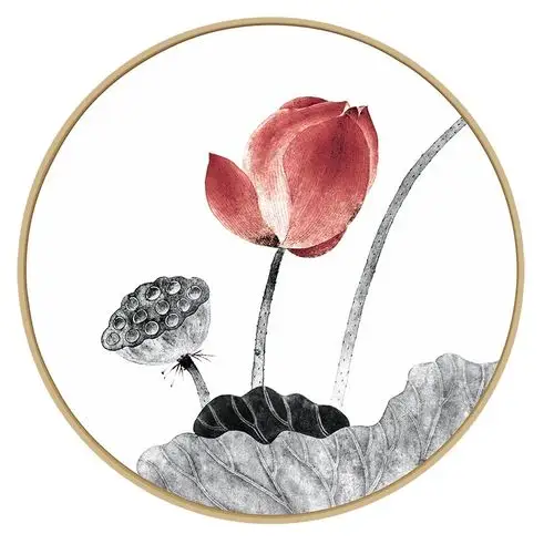 实木圆形画 新中式客厅装饰画餐厅挂画玄关壁画 水墨荷花圆框画