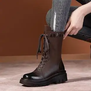 2021秋冬新款粗跟中筒靴女真皮马丁靴英伦风厚底复古机车靴子加厚