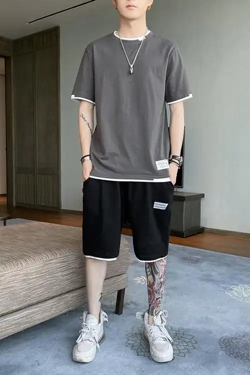 男士套装短裤 纯棉t恤短袖青少年潮流百搭夏季休闲运动男装搭配