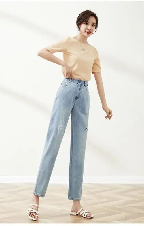 逸阳esey破洞牛仔裤女夏季薄款后松紧腰哈伦裤女九分老爹裤女裤子女