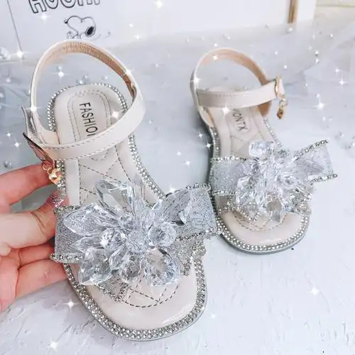 女童2020夏韩版水钻蝴蝶结水晶花凉鞋软底儿童水晶鞋凉鞋