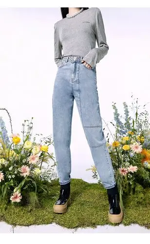 太平鸟凉感科技系列高腰牛仔裤女2021年夏季新款冰氧吧锥形牛仔裤 黑