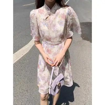 【旗袍改良版】金大班复古中国风碎花连衣裙子女潮2021夏新款琉璃