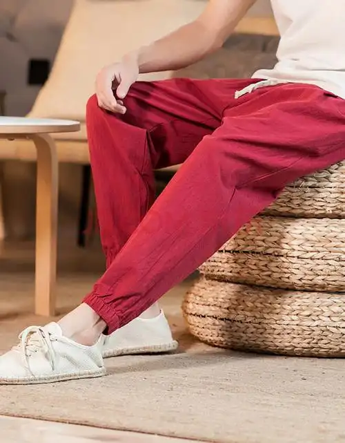 twtm男裤子休闲春夏季宽松直筒韩版潮流九分裤薄款修身工装裤 红色 m