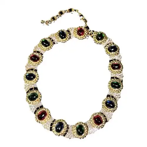 油画血红长方宝石项链古董18k金孔雀绿旦锆石项链