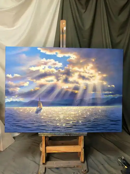 风景画丙烯油画大海乌云丁达尔绘画过程缩略