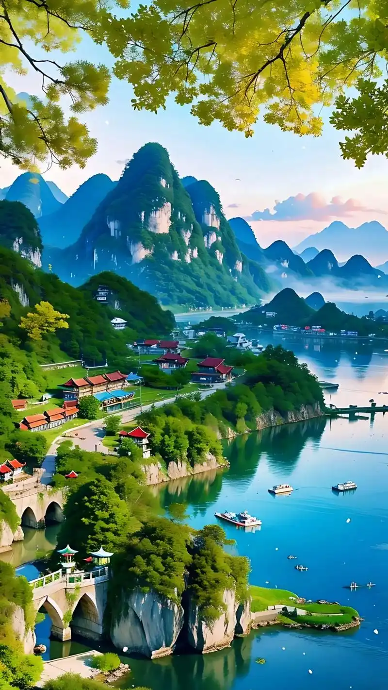 人间仙境世外桃源江南小镇,春天的桂林山水美景,青山绿水,红色 - 抖音