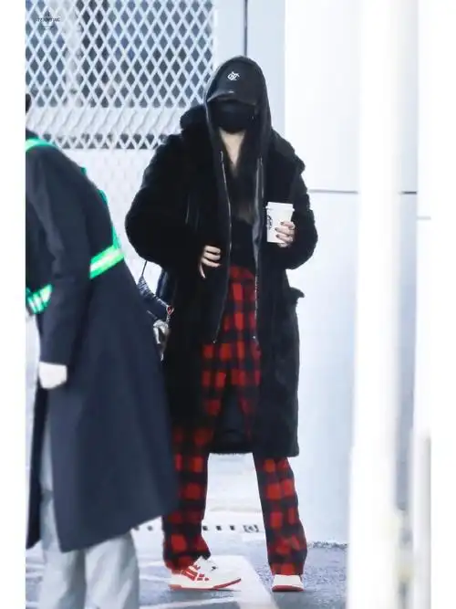 杨幂机场私服look,身穿rta皮草大衣搭配spelledit红色格纹裤子,黑色