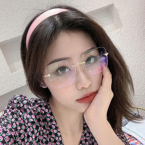 无框切边眼镜女气质2022新款近视眼镜防蓝光仙女平光镜女圆脸网红