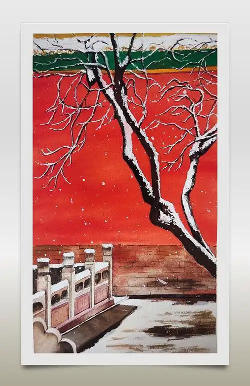 故宫雪景水彩原创场景