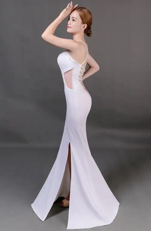 0808#低胸开叉吊带透视包臀鱼尾长裙演出走秀车展礼服夜店连衣裙