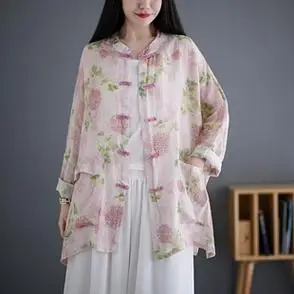 文艺印花苎麻开衫女春夏中式国风上衣外套复古盘扣中长款棉麻衬衫