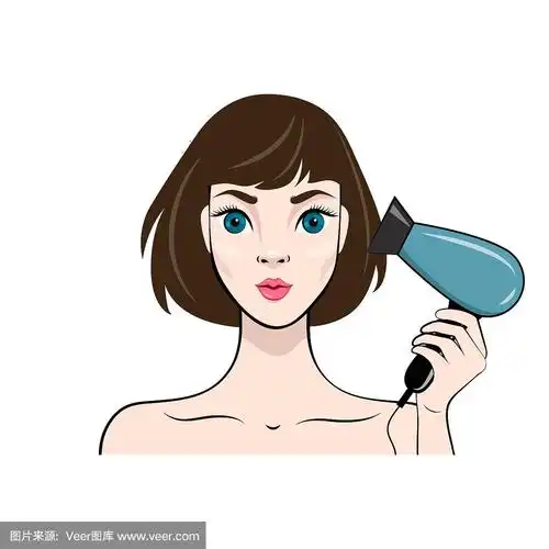 一个年轻的女人用吹风机吹干她的头发.矢量图像孤立在白色背景