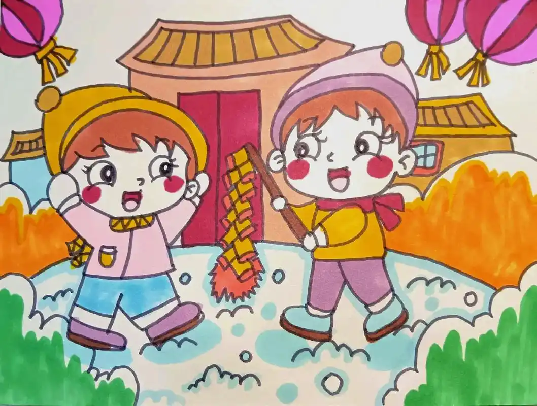 崔丹丹老师投稿#放鞭炮的小男孩小女孩#儿童画#考级漫画 - 抖音