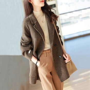 千鸟格毛呢西装女士秋冬新款复古气质中长款加厚呢子西服外套 咖彩格
