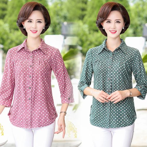 妈妈夏装薄款上衣中老年人女奶长袖衬衫碎花中年女七分袖衬衣t恤