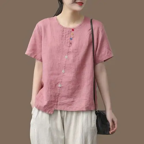 文艺复古棉麻上衣夏季新款休闲宽松大码女装绣花短袖t恤亚麻小衫