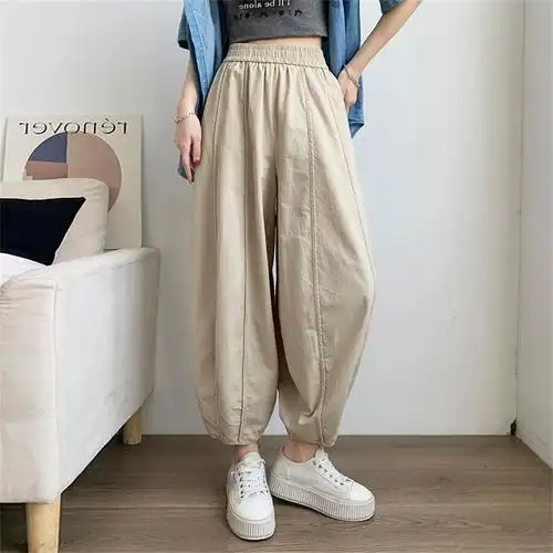 棉麻裤子日系风格女春夏运动裤穿搭奶奶裤灯笼裤哈伦萝卜休闲工装