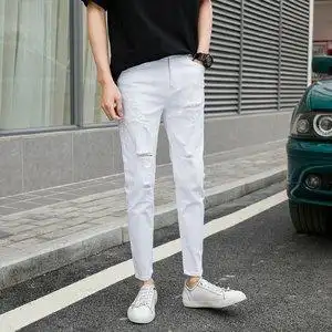 白色裤子男九分破洞薄款牛仔裤男夏季白色韩版潮流修身弹力小脚裤