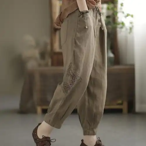 咖咪羽休闲裤女夏装新款女裤宽松复古亚麻镂