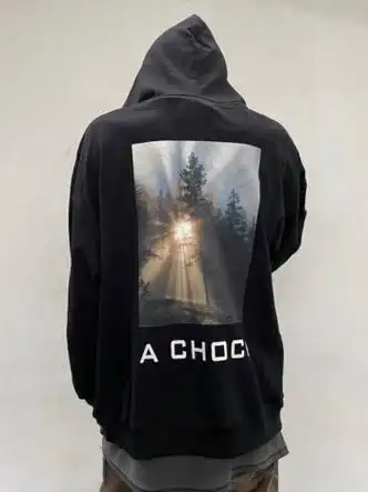 维络斯achock国潮沙滩火堆风景图连帽卫衣高街宽松休闲套头上衣男a11