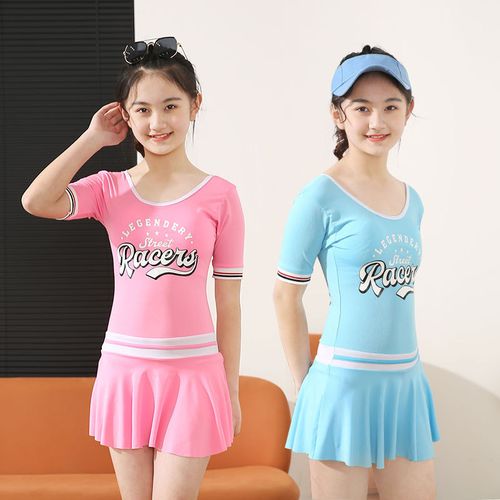 女童泳衣女大童短袖连体泳装9-14岁女孩保守游泳衣温泉儿童22新款