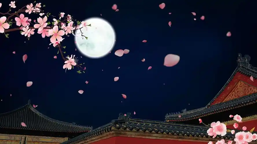 4k唯美大气水墨夜色飘落古风宫廷背景mp4